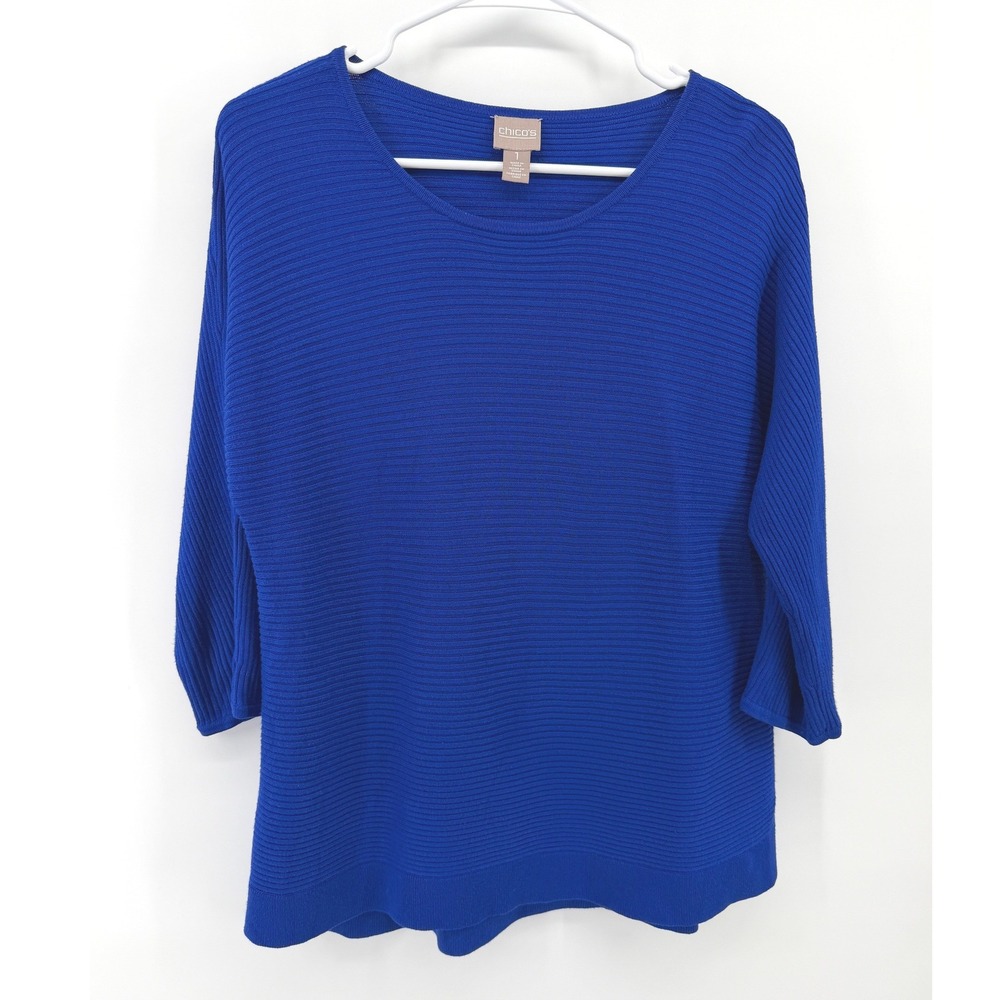 Chico's Ribbed Knit Sweater Royal Blue Excellent 3/4 Sleeve Scoop Neck Women 1/M